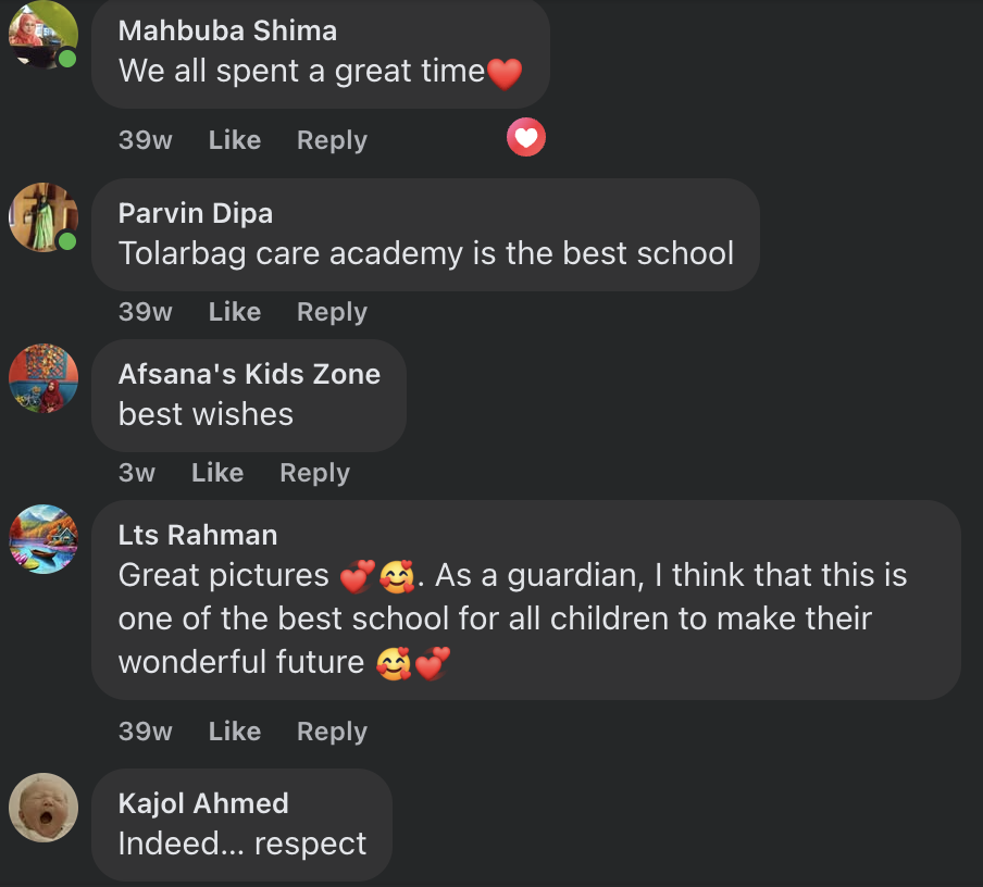 Facebook review screenshot showing positive parent feedback for Tolarbag Care Academy